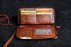 Handmade Leather Mens Cool Long Leather Wallet Card Wallet Clutch Wristlet Wallet for Men