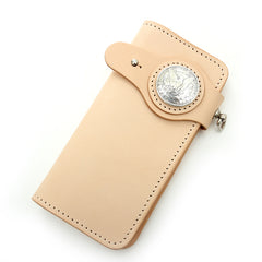 Handmade Mens Leather Biker Chain Wallets Cool Beige Long Biker Wallet with Chain - iwalletsmen