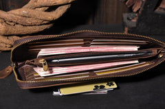 Handmade Leather Mens Cool Long Leather Wallet Zipper Clutch Wallet for Men