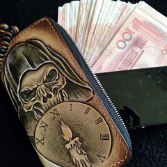 [On Sale]Handmade Leather Skull Death Tooled Mens Long Wallet Cool Leather Wallet Clutch Wallet for Men