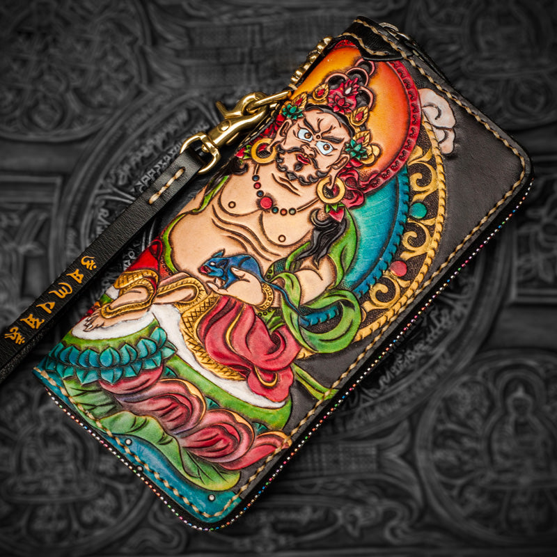 Handmade Leather Tooled Yellow Jambhala Mens Chain Biker Wallet Cool Leather Wallet Zipper Long Phone Wallets for Men