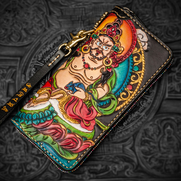 Handmade Leather Tooled Yellow Jambhala Mens Chain Biker Wallet Cool Leather Wallet Zipper Long Phone Wallets for Men