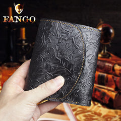 Handmade Leather Floral Mens Trifold Cool billfold Wallet Card Holder Small Card Slim Wallets for Men