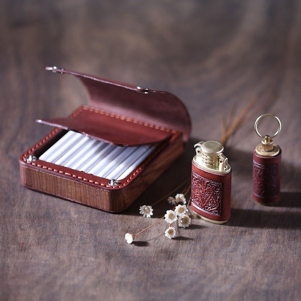 Handmade Wooden Coffee Leather Mens 20pcs Cigarette Case Cool Custom Cigarette Holder for Men - iwalletsmen