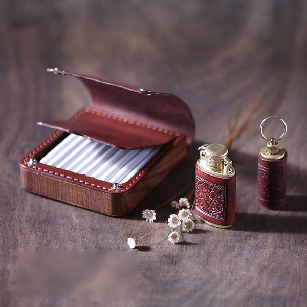 Handmade Wooden Coffee Leather Mens 20pcs Cigarette Case Cool Custom Cigarette Holder for Men - iwalletsmen