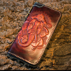 Handmade Leather Mens Chain Biker Wallet Cool Tooled Ganesha Wallet Long Phone Wallets for Men