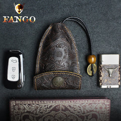 Handmade Leather Floral Mens Cool Car Key Wallet Coin Wallet Pouch Car KeyChain for Men