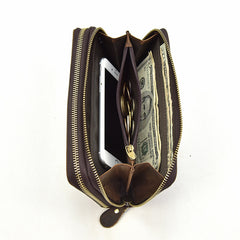 Handmade Leather Mens Cool Long Leather Wallet Zipper Wristlet Bag Clutch Wallet for Men