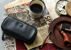 Cool Leather Black Mens Leather 2pcs Tobacco Pipe Case Zipper Tobacco Pipe Case for Men - iwalletsmen
