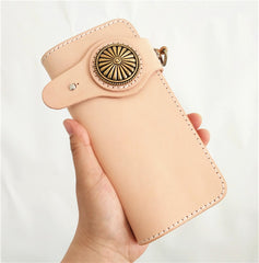 Handmade Mens Leather Biker Chain Wallets Cool Beige Long Biker Wallet with Chain - iwalletsmen