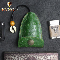 Handmade Leather Floral Mens Cool Car Key Wallet Coin Wallet Pouch Car KeyChain for Men
