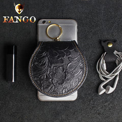 Handmade Leather Floral Round Mens Cool Slim Change Wallet Coin Wallet Pouch for Men