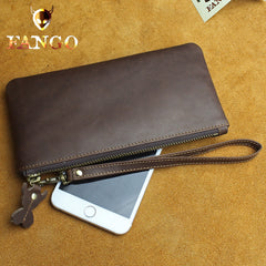 Handmade Leather Mens Cool Zipper Phone Travel Long Wallet Card Holder Card Slim Clutch Wallets for Men