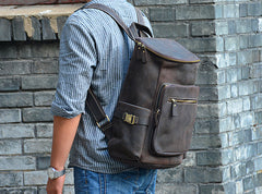 Genuine Leather Mens Cool Backpack Sling Bag Large Coffee Travel Bag Hiking Bag for men