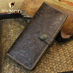 Handmade Leather Floral Mens Cool Travel Long Wallet Card Holder Card Slim Clutch Wallets for Men