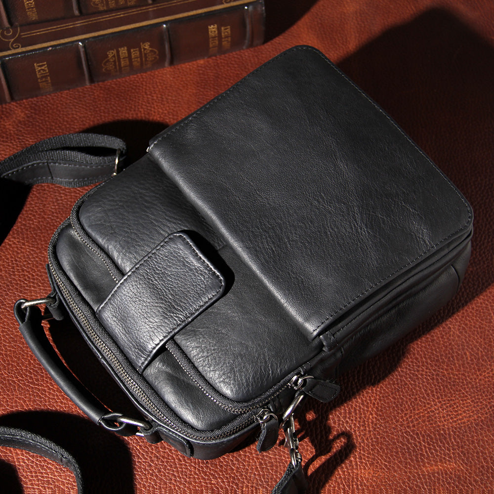 Genuine Leather Mens Black Cool Small Shoulder Bag Messenger Bag Crossbody Bag for Men