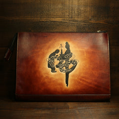 Handmade Leather Tooled Mens Cool Long Leather iPad Bag Wristlet Clutch Wallet for Men