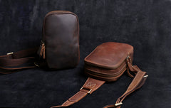 Genuine Leather Mens Cool Chest Bag Sling Bag Crossbody Bag Travel Bag Hiking Bag for men