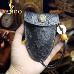 Handmade Leather Floral Mens Cool Car Key Wallet Coin Wallet Pouch Car KeyChain for Men