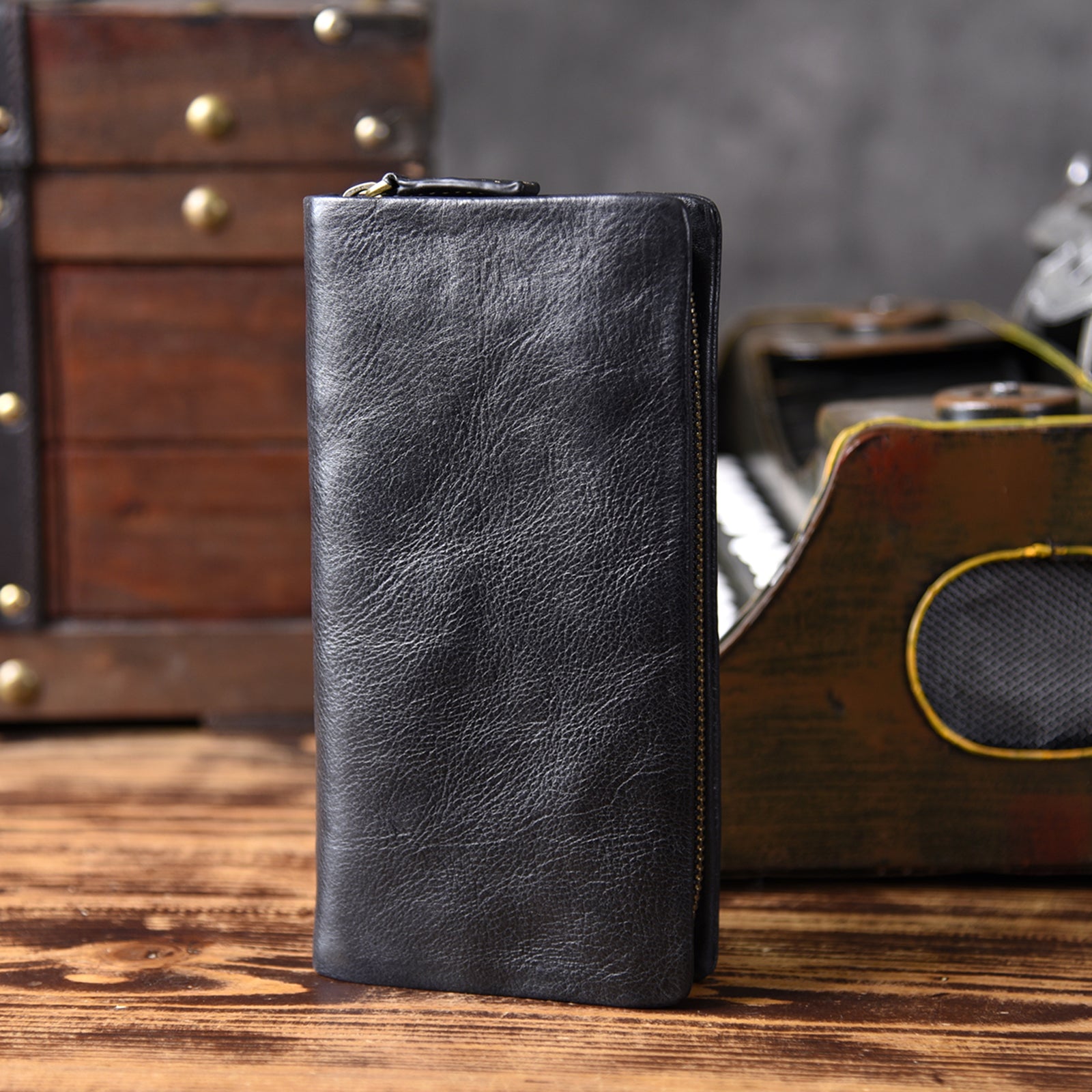 Genuine Leather Mens Cool Long Leather Wallet Bifold Clutch Wallet for Men