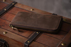 Handmade Leather Mens Cool Long Leather Wallet Zipper Clutch Wallet for Men
