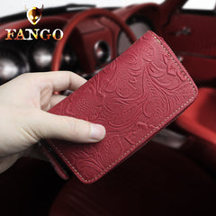 Handmade Leather Floral Mens Cool Car Key Wallet Coin Wallet Pouch Car KeyChain for Men