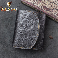 Handmade Leather Floral Mens Trifold Cool billfold Wallet Card Holder Small Card Slim Wallets for Men