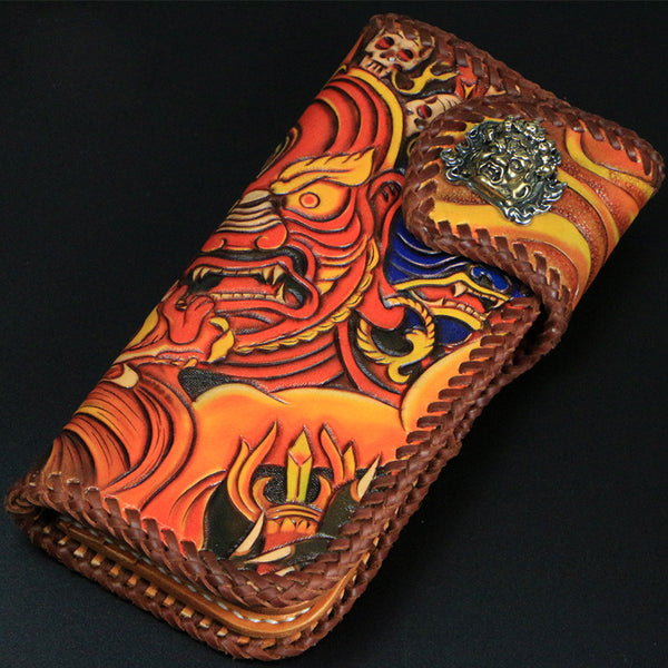 Handmade Mens Tooled God Mahakala Leather Chain Wallet Biker Trucker Wallet with Chain - iwalletsmen