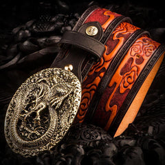 Leather Tooled Chinese Dragon Mens Belt