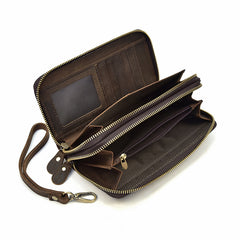 Handmade Leather Mens Cool Long Leather Wallet Zipper Wristlet Bag Clutch Wallet for Men