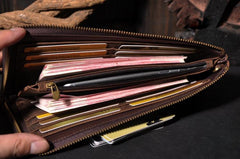 Handmade Leather Mens Cool Long Leather Wallet Zipper Clutch Wallet for Men