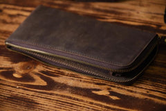 Handmade Leather Mens Cool Long Leather Wallet Zipper Clutch Wallet for Men