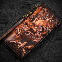 Handmade Leather Tooled Chinese Dragon Mens Chain Biker Wallet Cool Leather Wallet Long Phone Wallets for Men