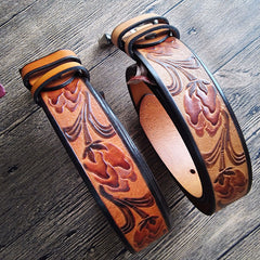 Handmade Genuine Leather Tooled Garden Tulip Mens Leather Men Belt for Men Cool Leather Belt