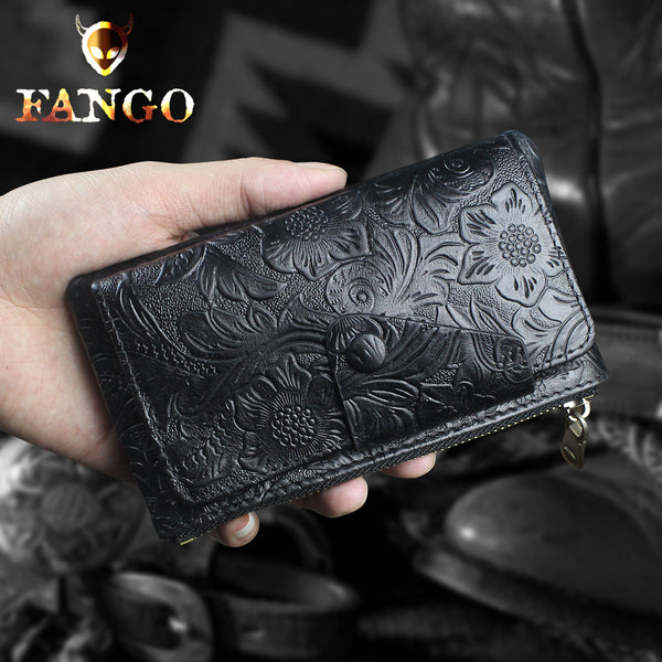 Handmade Leather Floral Mens Cool Key Wallet Wallet Card Holder Small Card Keychain Wallets for Men