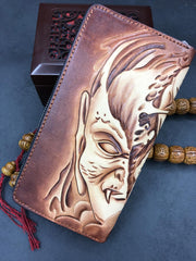 Handmade Leather Mens Clutch Wallet Cool Buddha&Demon Tooled Wallet Long Zipper Wallets for Men