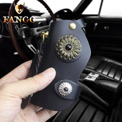 Handmade Leather Floral Mens Cool Car Key Wallet Coin Wallet Pouch Car KeyChain for Men