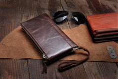 Handmade Leather Mens Cool Long Leather Wallet Slim Zipper Clutch Wristlet Wallet for Men