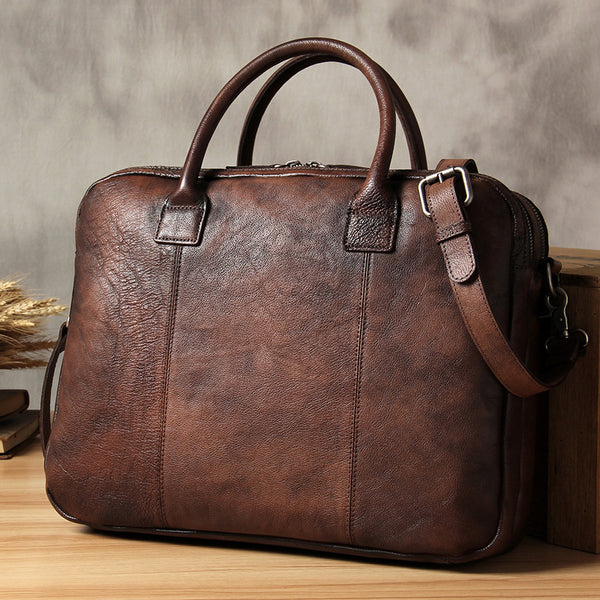 Genuine Leather Mens Vintage Dark Brown Briefcase Shoulder Bag Work Bag Laptop Bag Business Bag for Men
