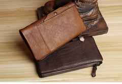 Handmade Leather Mens Cool Long Leather Wallet Card Wallet Clutch Wristlet Wallet for Men