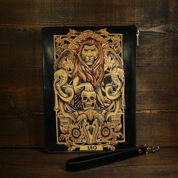 Handmade Leather Tooled CONSTELLATION Mens Cool Long Leather iPad Bag Wristlet Clutch Wallet for Men