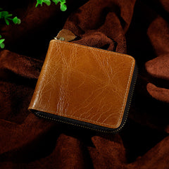 Handmade Leather Mens Cool Zipper Leather Wallet Card Wallet Men Small Wallets Bifold for Men