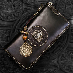 Handmade Leather Mahākāla Mens Chain Biker Wallet Cool Leather Wallet Long Clutch Wallets for Men