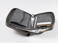 Handmade Leather Mens Cool Slim Leather Zipper Wallet Men Small Wallets Bifold for Men