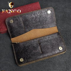 Handmade Leather Floral Mens Cool Travel Long Wallet Card Holder Card Slim Clutch Wallets for Men