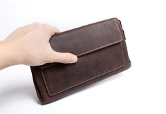 Genuine Leather Mens Cool Long Leather Wallet Zipper Clutch Wristlet Wallet for Men