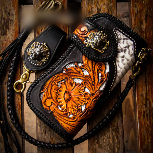Handmade Leather Tooled Floral Mens Chain Biker Wallet Cool Leather Wallet With Chain Wallets for Men