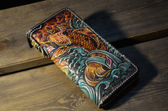 Handmade Leather Carp Mens Chain Biker Wallet Cool Leather Wallet Long Phone Wallets for Men