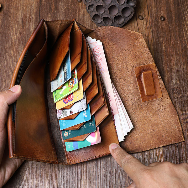 Handmade Leather Gray Mens Cool Long Leather Wallet Brown Unique Long Wallet for Men - iwalletsmen