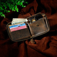 Handmade Leather Mens Cool Zipper Leather Wallet Card Wallet Men Small Wallets Bifold for Men